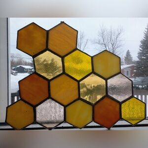Hexagonal Stained Glass Panel - Amber and Gold